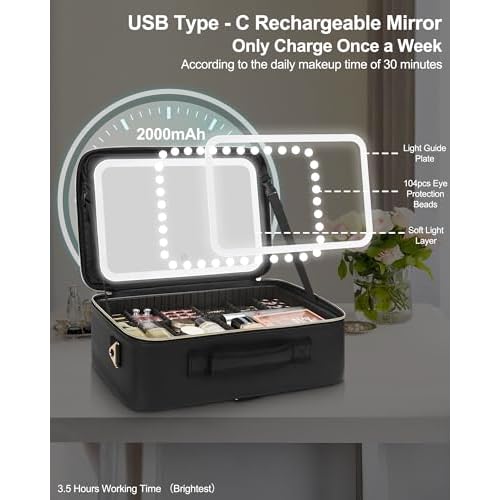 Relavel Travel Makeup Bag With LED Mirror, 16.2" Large Makeup Train Case, 3 Color Scenarios Adjustable Brightness, Waterproof Makeup Train Case Organizer with DIY Dividers for Makeup Artist, Black