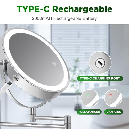 Chrome-Light 30X Wall Mounted Makeup Mirror Double Sided with Adjustable Lighting