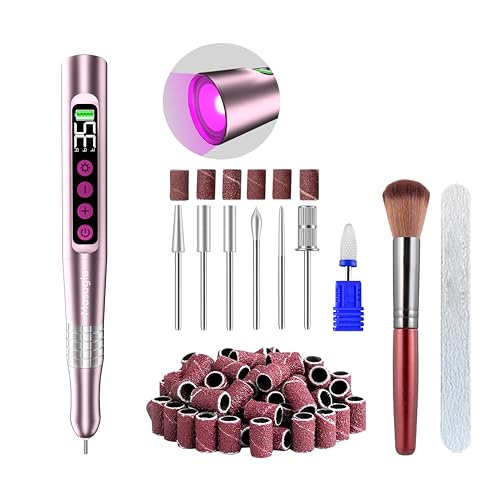 Brushless Nail Drill with UV Light, 35,000 RPM Electric Nail File for Acrylic Gel Dip Powder Nail Tool, Portable Rechargeable Manicure Pedicure Kit, Rose Gold
