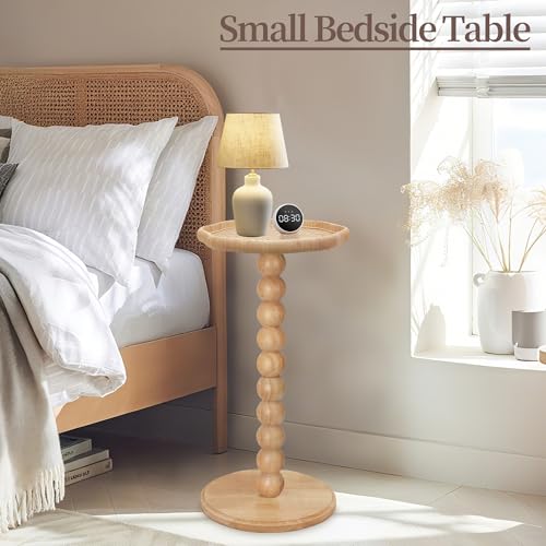 Natural Flower Boho Rattan Small Side Table - Solid Wood Nightstand for Small Spaces