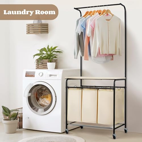 3-Section Laundry Sorter with Hanging Bar & Foldable Ironing Board, Rolling Cart