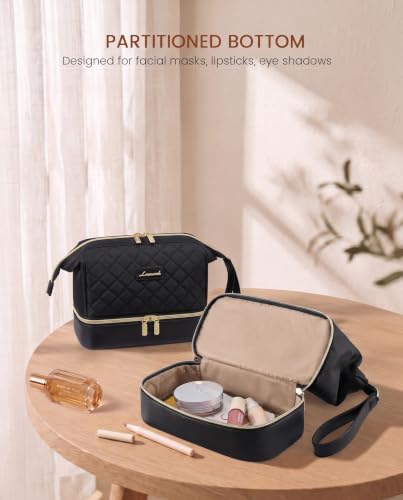 LOVEVOOK Travel Makeup Bag - Black Medium Double Layer Cosmetic Organizer