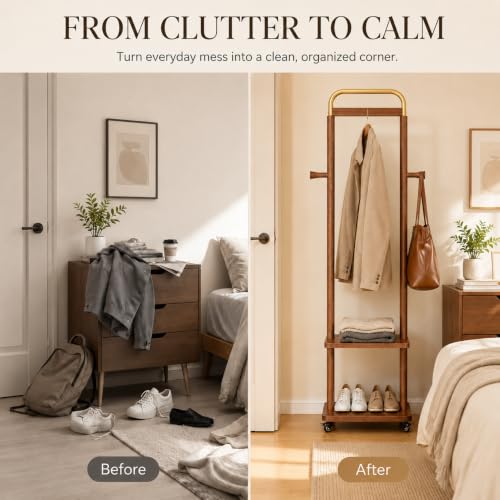 Wooden Coat Rack with Shelves and Rollers - Walnut Finish