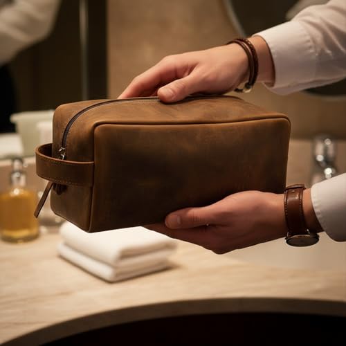 Leather Toiletry Bag, Cosmetic Case, Classy Dopp Kit - Best Gift - Premium Genuine Leather Dopp Kit Shaving Kit Organizer Travel Kit Pouch Bag f - Large Size (Oil pull up) (Dark Brown)