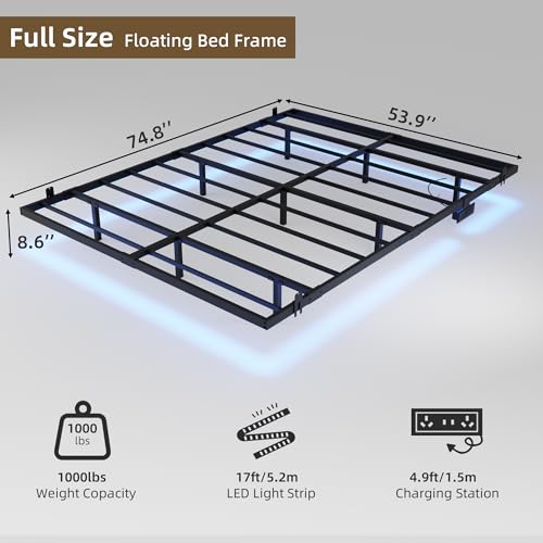 Black Full Size Floating Bed Frame with LED Lights & Charging Station