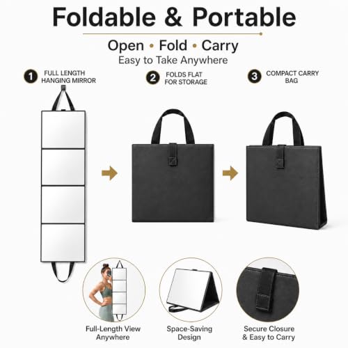 Adzyz Black Foldable Full Length Travel Mirror 39x11.6 Inch 3-Way Standing & Hanging Compact Design