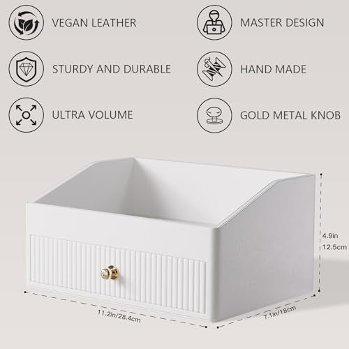 Makeup Organizer,Leather Skin Organizer with 1 Drawer&Tray,Luxury Beige White Makeup Storage for Perfume,Bedroom,Bathroom,Gifts for Women,Womens Gifts (White, 1-Drawer)