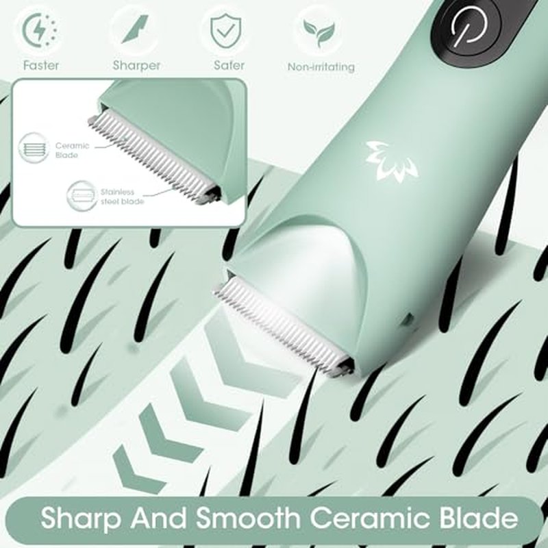 Bikini Trimmer for Women, Painless Pubic Hair Trimmer for Armpit Leg Arm Body Private Area,Rechargeable Womens Electric Razors Shaver LED Light Ceramic Blade IPX7 Waterproof Wet/Dry LCD Display,Green