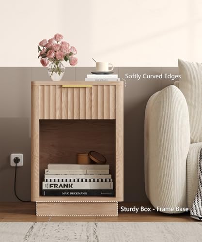 Akxomel Fluted Nightstand Bedside Table with Charging Station - Natural Oak