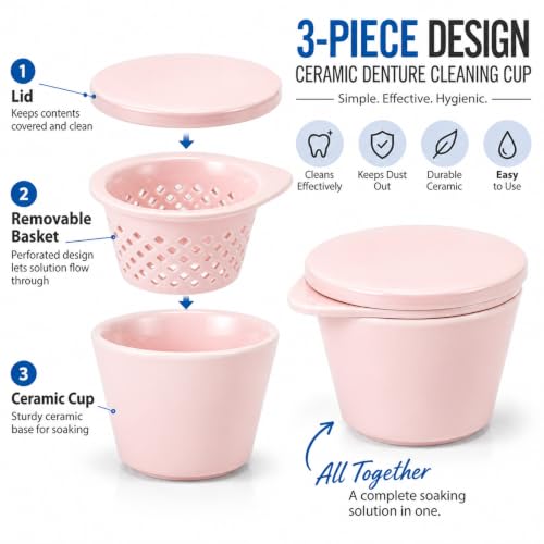 Pink Ceramic Denture Cleaning Cup with Lid & Removable Basket - Hygienic Soaking Container