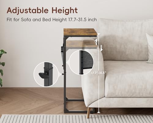 Vagusicc 2-Piece Adjustable C-Shaped End Table Set with Charging Station - Rustic Brown, 16''D x 12''W x 18-32''H