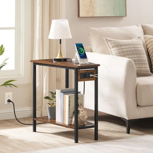 Wedge End Table with Charging Station - Rustic Brown & Black, Industrial Style