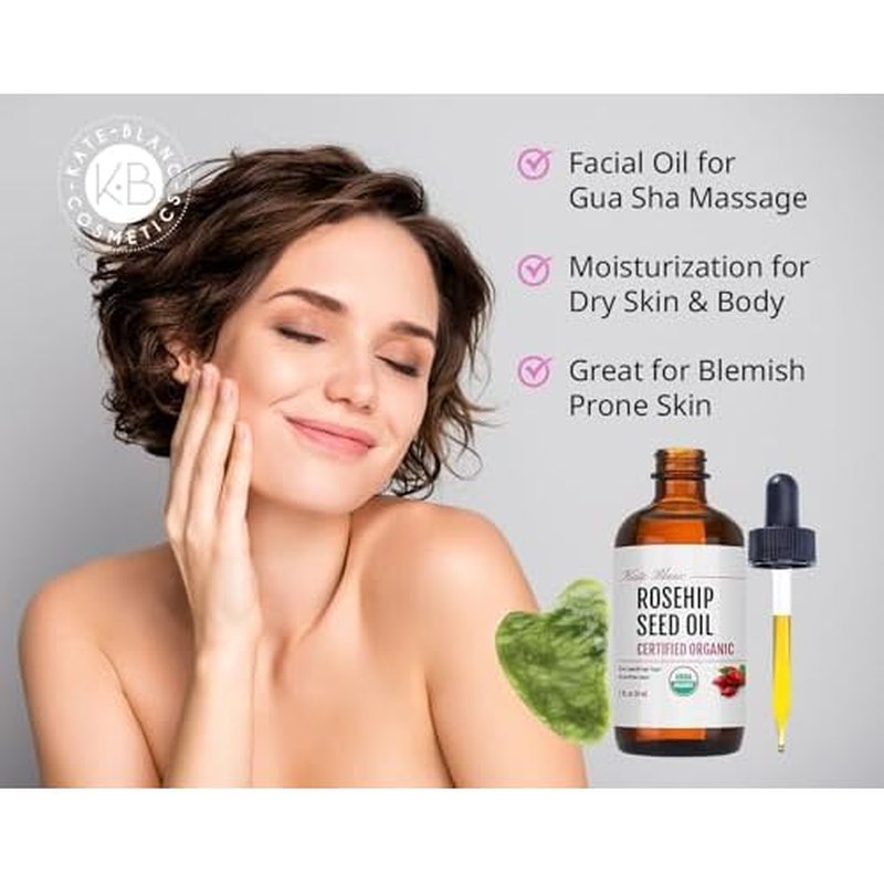 Kate Blanc Cosmetics Rosehip Oil for Face with Jade Gua Sha Stone (1oz, Organic, Pure, Cold Pressed) Rosehip Seed Face Oil for Gua Sha Massage