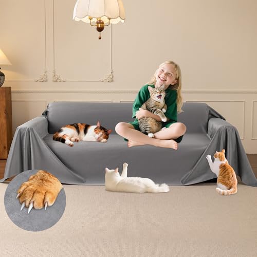 Waterproof Cat Scratch Couch Cover - Large Gray 150x91 Inches with Non-Slip Design