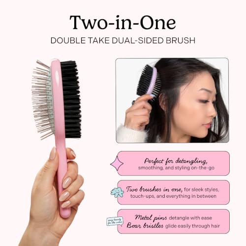 Dual-Sided Travel Hair Brush with Boar Bristles & Metal Pins for Detangling & Styling