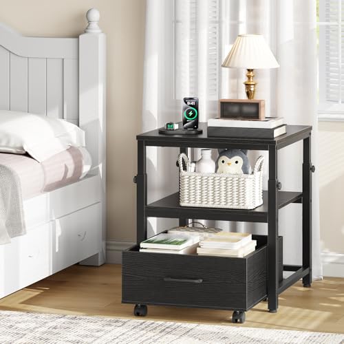 Mini Fridge Stand with Storage Basket - Height-Adjustable, Wheels & Feet - Black - HOOBRO BB455BX01