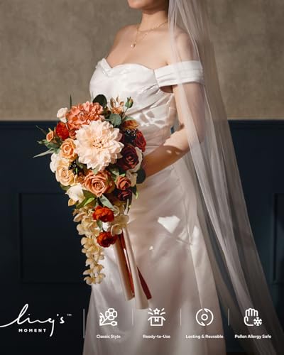 Ling's Moment Small 13-Inch Cascading Terracotta Wedding Bouquet for Bride - Or-chic Variant