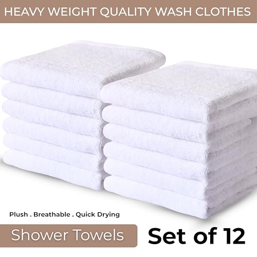 White Extra Thick Cotton Washcloths 12x12 Inches - Set of 12 for Body & Face - Soft, Absorbent Bath Rags