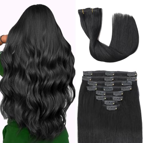 Clip in Hair Extensions 14 Inch 100% Human Remy Hair Jet Black 3.2oz - Salon Quality