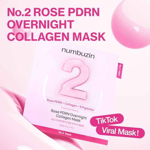 numbuzin No.2 Overnight Face Mask | Rose PDRN Overnight Collagen Mask | Korean Glass Skin Essential | Elasticity, Hydrating, Firming, Enlarged Pores | Collagen, Peptides, PDRN | 37g, 4ea