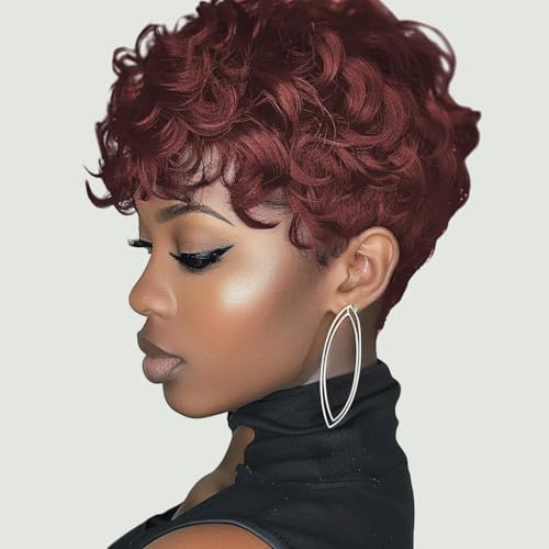 99J Short Pixie Human Hair Wig for Black Women - None Lace Front Glueless Pre-Plucked with Bangs