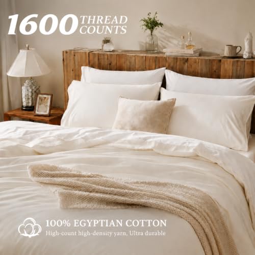 Queen Size Cream White Duvet Cover Set - Ultra Soft 100% Egyptian Cotton, No Comforter