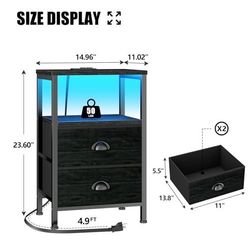 Furologee Black Oak Nightstand Set of 2 with LED Lights & Charging Stations