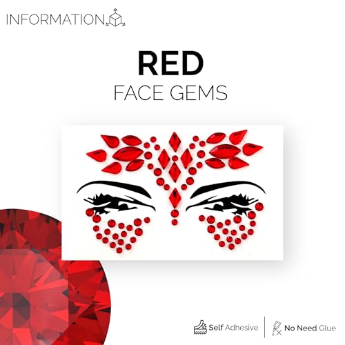 Face Gems, Face Jewels - Self Adhesive- Face Glitter Jewel Tattoo Sticker Festival Gems Rave Party Body MakeUp Rhinestone Gems for Eyes Face Body, face gems for festivals, Halloween (Red 68)