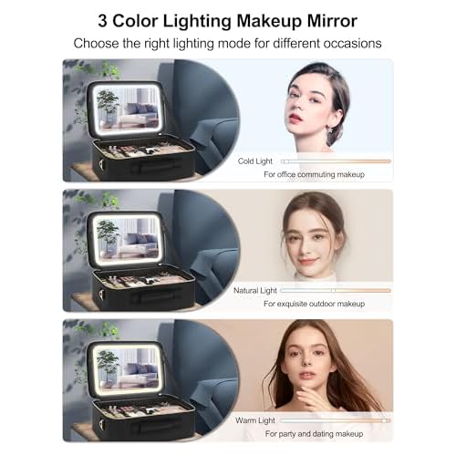 Relavel Travel Makeup Bag With LED Mirror, 16.2" Large Makeup Train Case, 3 Color Scenarios Adjustable Brightness, Waterproof Makeup Train Case Organizer with DIY Dividers for Makeup Artist, Black