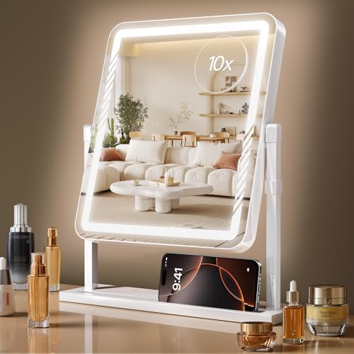Vanity Mirror with Lights, Height-Adjustable & 360¡Æ Rotation, 1/10X Magnification, Three Color Lighting Modes, Makeup Mirror Smart Touch Control, Large Vanity Desk Mirror (17.5in,White)
