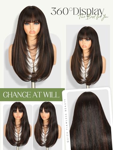 Highlight Brown Long Straight Layered Wig with Bangs - Synthetic Hair, Heat-Resistant, Natural Look