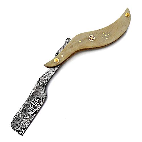 Hand Made Damascus Steel Straight Razor Folding Razor With Shaving Ready Classic Barber Blade Edge, Men Straight Razor, Leather Case + Strop, Close Shave, Great Gift R-84