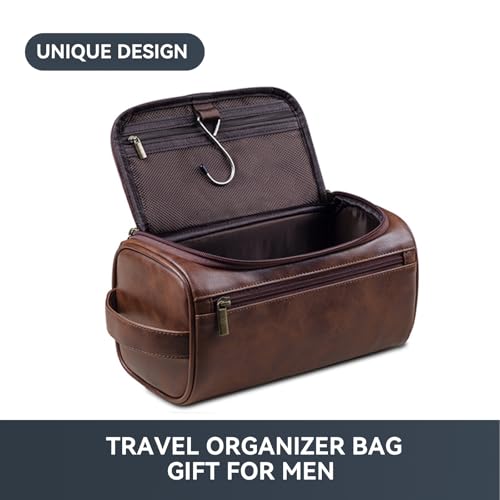 Light Brown Leather Travel Toiletry Bag for Men with Hanging Hook - Small Organizer