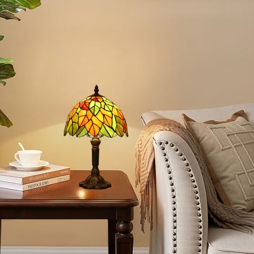 HUORUIKY Maple Leaves Tiffany Table Lamp 9x9x15 Inch with 3-Way Color Temperature & LED Bulb