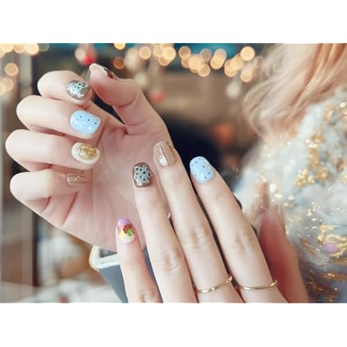 Handmade Press On Nails, 10pcs Short Squoval, Blue Macaron Pastel Mix Print with Star Confetti & Jelly Gem Accent, Reusable Glue On False Nails (Size Small)