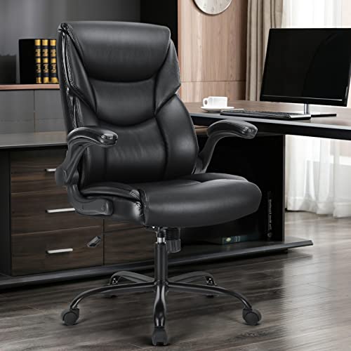 Ergonomic PU Leather Office Chair with Flip-up Armrests, High Back Support