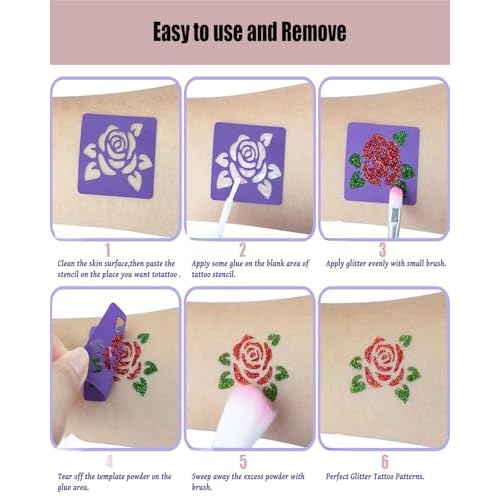 Temporary Glitter Tattoos Kit for Kids 48 Colors 6 Fluorescent 207 Stencils 2 Diamond Stickers 3 Glue 5 Brushes Arts Make Up Kit Party Christmas Halloween
