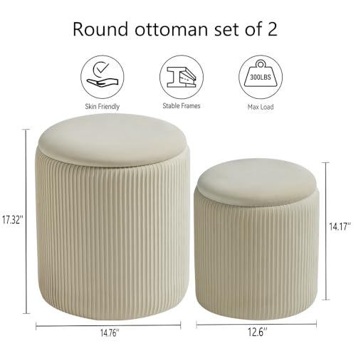 Cream Velvet Storage Ottoman Set of 2, Round Footstools with Hidden Storage