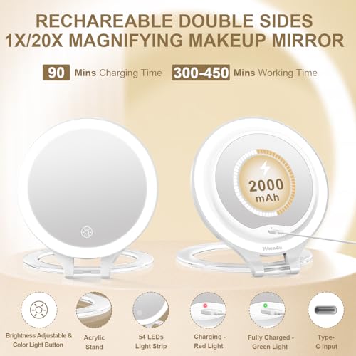 Mocado Travel Makeup Mirror with Light, 1X/20X Magnifying, Double Sided, 3 Color Light, Dimmable Touch, Rechargeable, Tabletop Standing, White