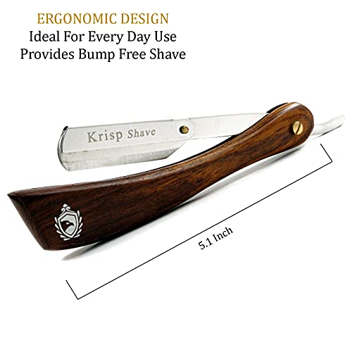 Professional Straight Edge Shaving Razor Safety - Krisp Beauty Natural Wood Handle Wet Shave Manual Shavette Razor For Men Barber Salon Quality Stainless Steel with 5 Double Edge Shaving Blades