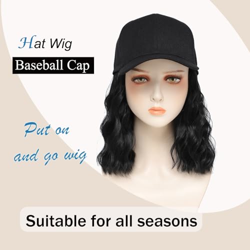 14 Inch Black Synthetic Wavy Wig Hat with Natural Wave Hair Extensions for Women — Adjustable Baseball Cap Style