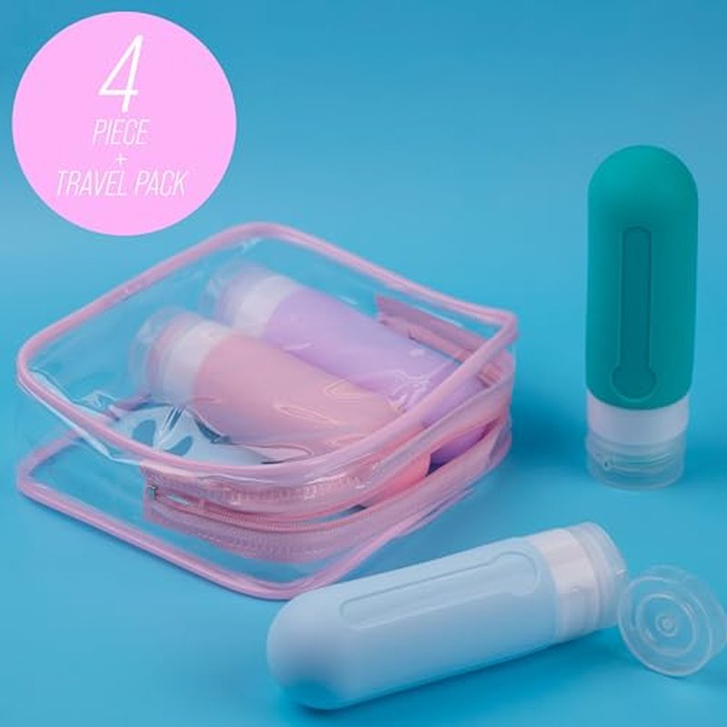 EXPRESSIONS 4pc Refillable Travel Bottles Set ? Leakproof Squeeze Bottles with Snap Caps, Toiletry Containers with Labels & Clear Zip Pouch for Travel, Gym, and Beauty On the Go