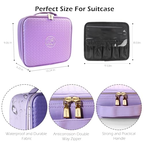 MOMIRA Travel Makeup Bag Cosmetic Bag Makeup Organizer Bag with Lighted Mirror, Adjustable Brightness in 3 Color Scenarios, Waterproof Makeup Train Case, Gift for Women - Violet(Woven)