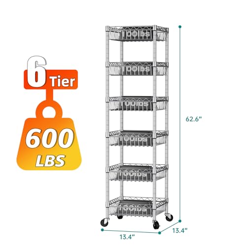6-Tier Wire Shelf Rack - Adjustable Narrow Storage Shelves with Casters, Silver
