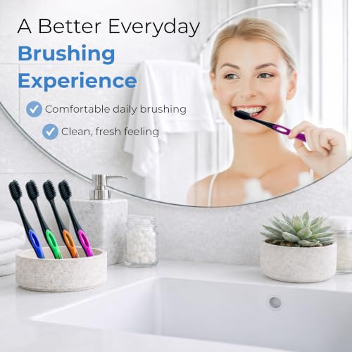 12 Pack Activated Charcoal Soft Toothbrushes with Ultrafine Tapered Bristles - Compact Head & Slim Design