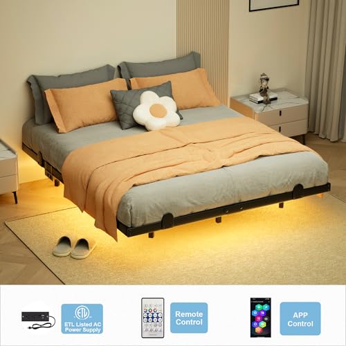 Floating Bed Frame King Size with Smart LED Lights & Charging Station - 14 Inch Modern Design (U.S. Standard)