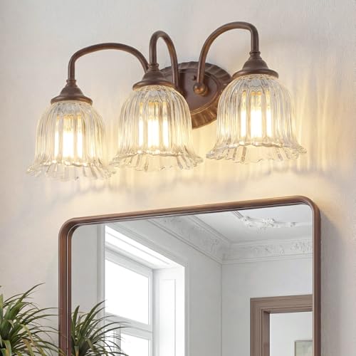 Oil Rubbed Bronze 3-Light Bathroom Vanity Light with Floral Glass Shades - Vintage Style