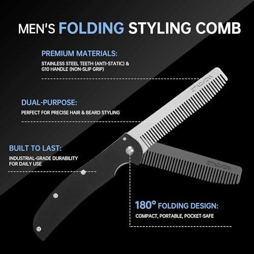 Folding Pocket Comb for Men - Stainless Steel Travel Hair & Beard Styling Tool, Compact 180¡Æ Rotating Design, Smooth Rounded Teeth, Portable Grooming Comb