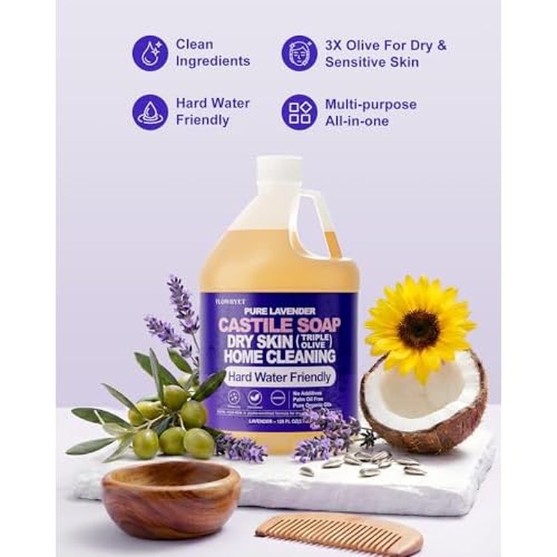 1 Gallon Pure Castile Soap Liquid Lavender, Natural Organic Hand Soap, For Dry Skin, Hand, Face, Body £¦ Home Cleaning, Vegan Hard Water Friendly- 128 fl oz