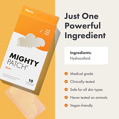 Mighty Patch Nose Pimple Patches from Hero Cosmetics, Large Hydrocolloid Pore Strips, Dermatologist Approved, Overnight, Pimple Stickers to Absorb Acne Nose Gunk, 10 Count (Pack of 2)